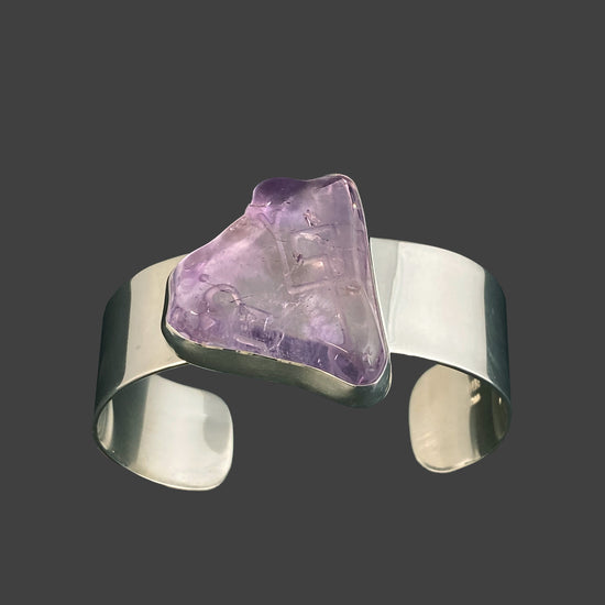 Gem Amethyst Sterling Silver Cuff Bracelet with Divine Feminine & Sacred Masculine Symbols