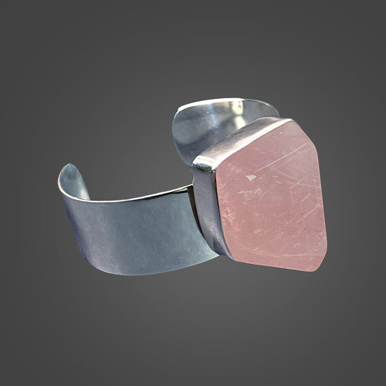 Rose Quartz Sterling Silver Cuff Bracelet with Divine Feminine and Sacred Masculine Symbols