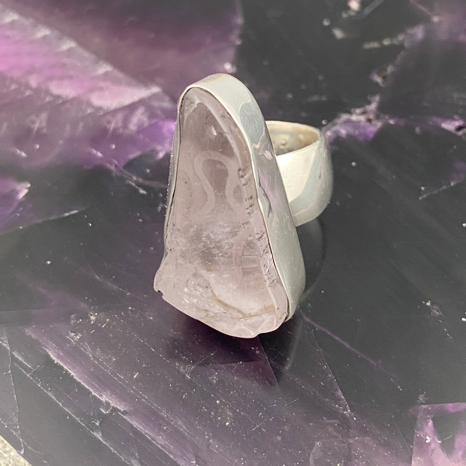 Kunzite Sterling Silver Ring with Divine Feminine Symbol size 5