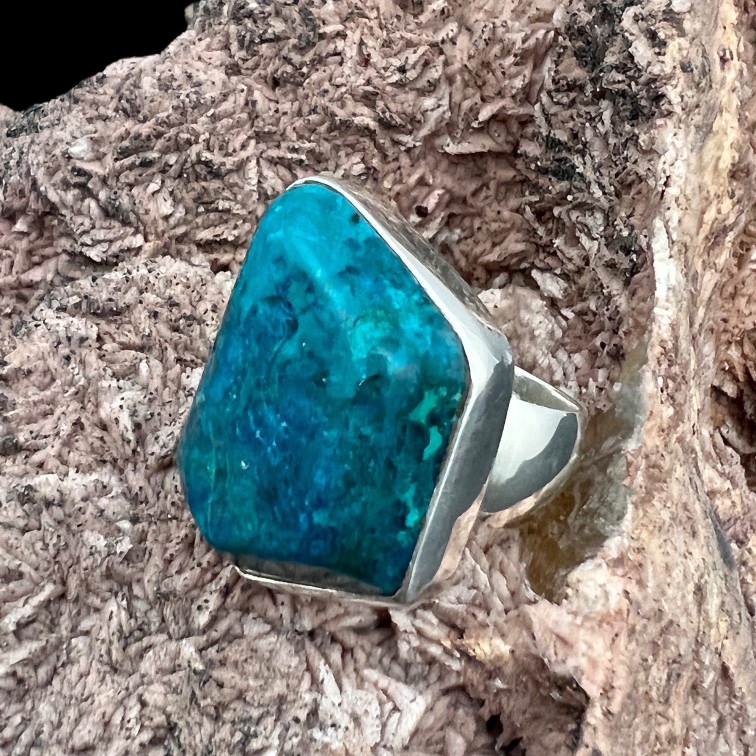 Gem Silica Chrysocolla Sterling Silver Ring with Divine Feminine Symbol size 8.5